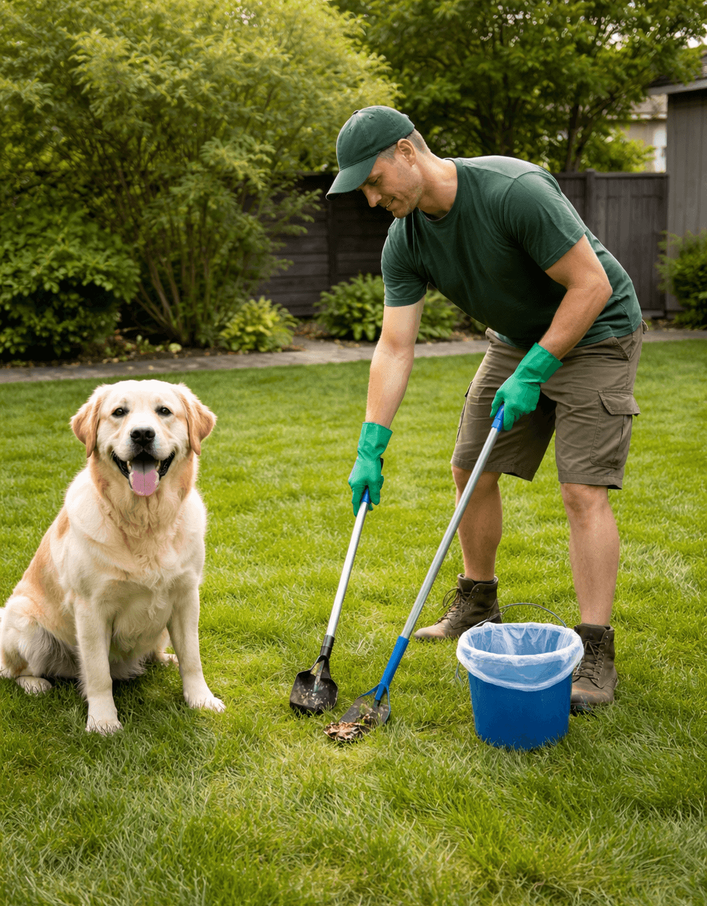 Professional yard cleanup technician performing pet waste removal service